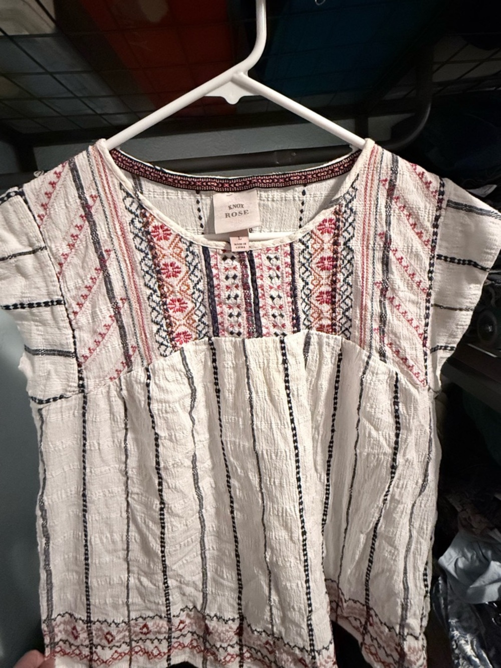 Knox Rose White Boho Embroidered Peasant Top with Red & Navy Accents